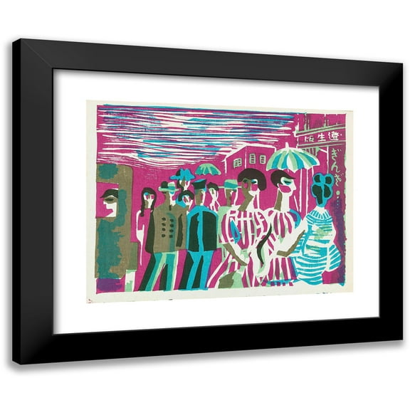Kawakami Sumio 14x12 Black Modern Framed Museum Art Print Titled - Pedestrians in Ginza (1945)