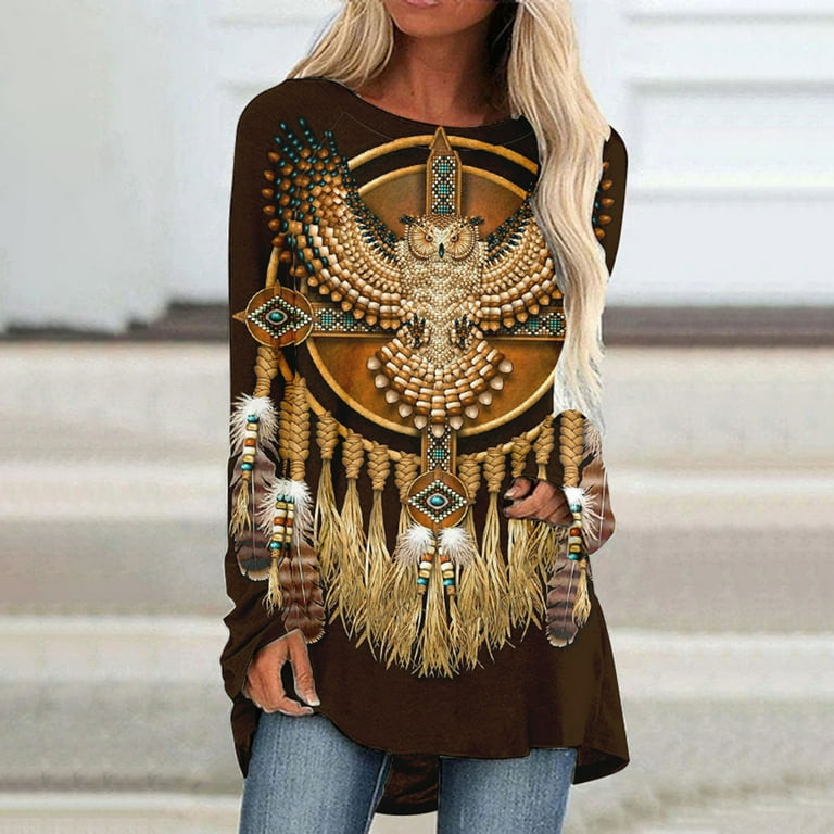 Blouses for Women Dressy Tops Fashion Long Sleeve Loose Western Aztec Print Shirts Vintage Tunic Top to Wear with Leggings Walmart