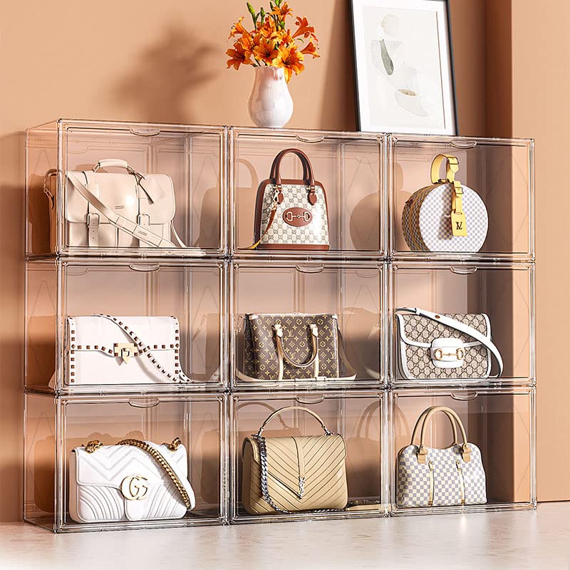 3 Packs Clear Handbag Storage Organizers for Closet, Plastic Acrylic Handbag  Purse Shoes Toy Display Case, Stackable Magnetic Drop Front Storage  Organizer 