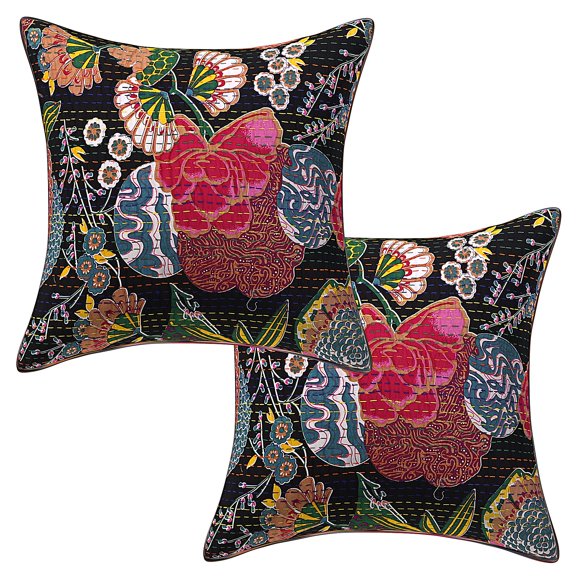 Stylo Culture Ethnic Chair Seat Throw Pillow Covers 16 x 16 Kantha Embroidered Black Traditional 40 x 40 cm Home Decor Cotton Tropicana Square Cushion Covers | Set Of 2