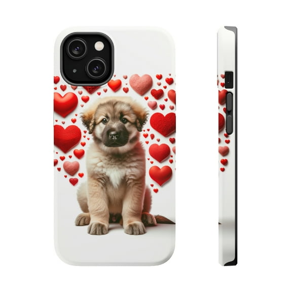DistinctInk Tough Case for Apple iPhone 15 PLUS (6.7" Screen), Compatible with MagSafe Charging - Valentine's Day Anatolian Shepherd Dog Puppy