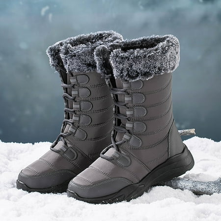 

ZMHEGW Boots For Women Men Snow Round Toe Water Proof Flat Heel Warm Winter Lace Up Solid Color Mid Calf Boots Shoes