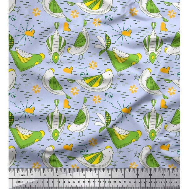 Soimoi Rayon Crepe Fabric Floral & Bird Cartoon Print Fabric by Yard 46 Inch Wide