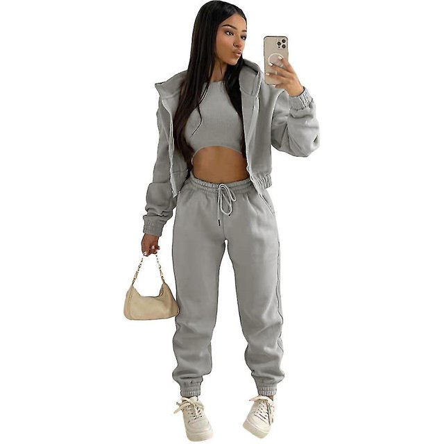 Women's 3 Piece Padded Hooded Sweatshirt Sports Casual Outfit Tracksuit Set