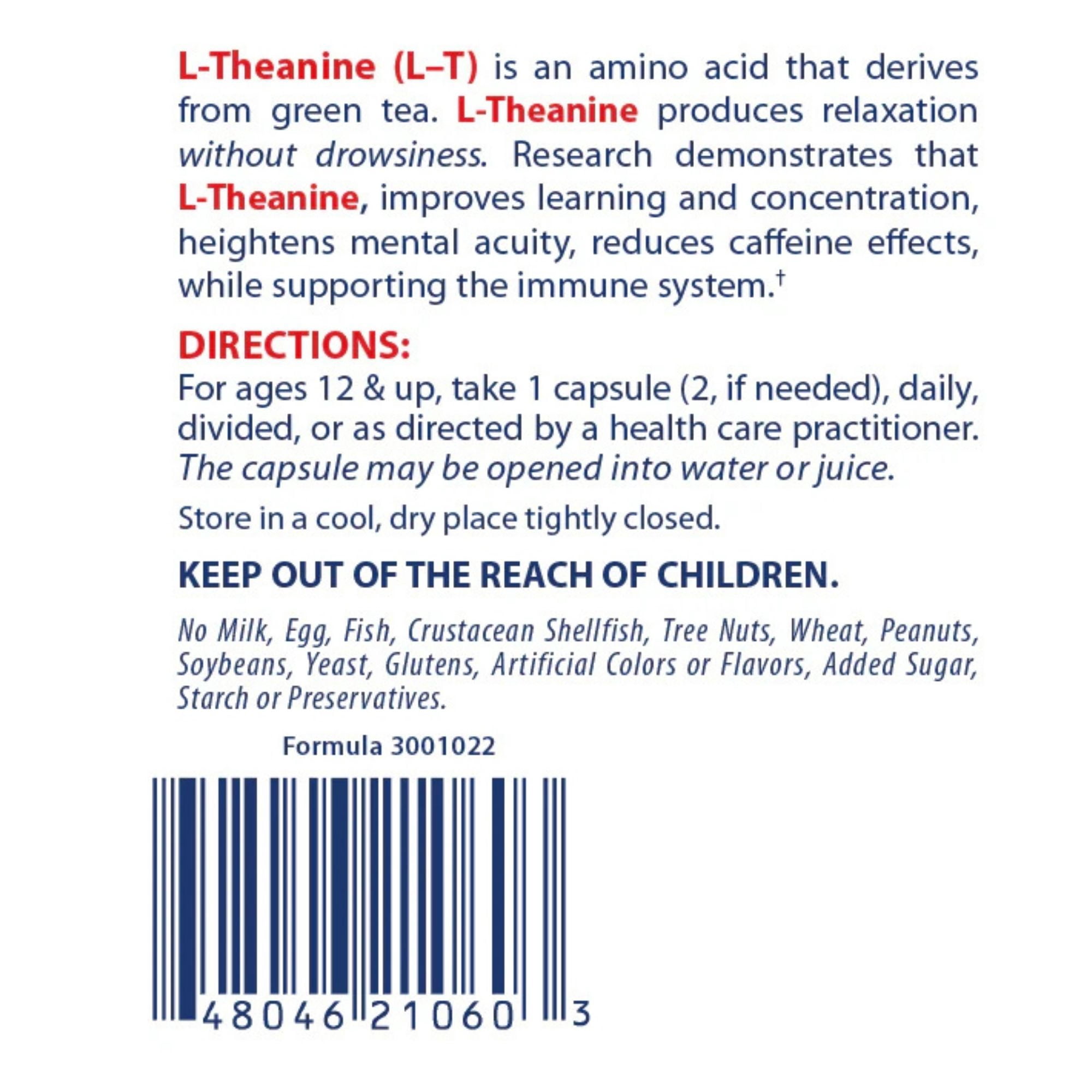 L-T® Complex L-Theanine 100 mg Stress Support Supplement with L-Glutamine and  Glycine, 60 Capsules
