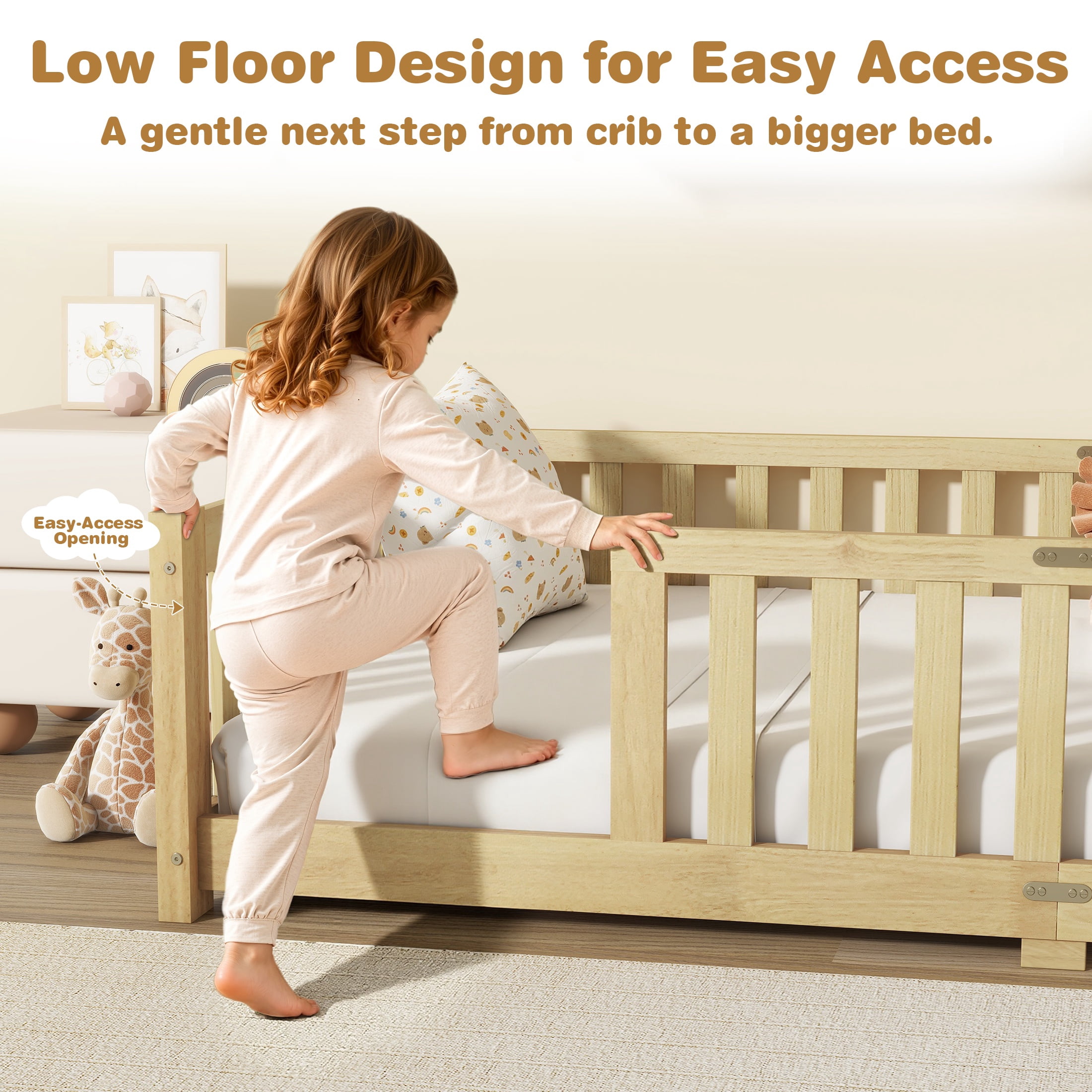 Sesslife Twin Montessori Floor Bed, Wood Twin Size Floor Bed Frame with Safety Guardrails and Slats, Low Profile Toddler Bed for Kids Boys and Girls, No Box Spring Needed, Natural