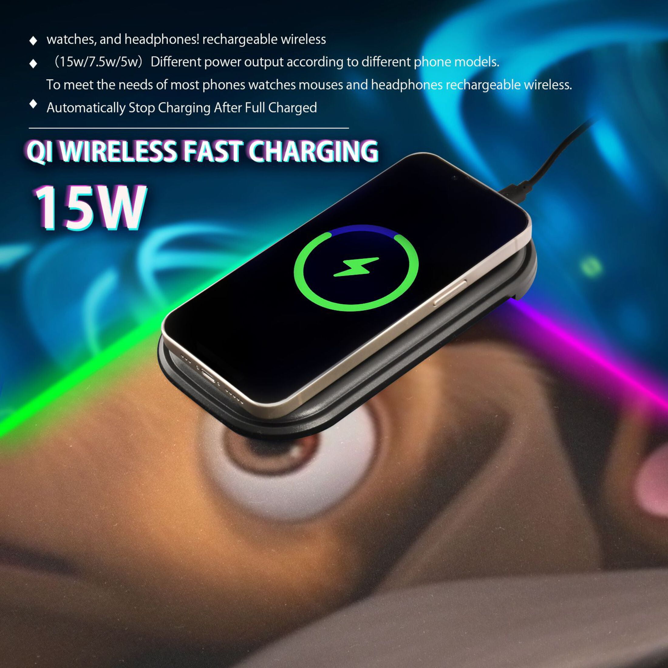 Cartoon Dachshund Wireless Charging RGB Gaming Mouse Pad Large Keyboard Mat Rubber Base 13 Light Modes