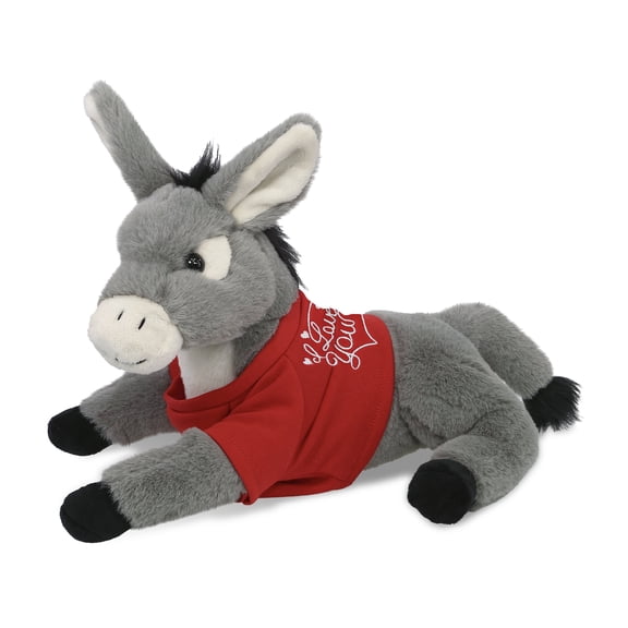 DolliBu I LOVE YOU Super Soft Laying Donkey Plush- Cute Donkey Plush Stuffed Animal with I Love You Red Shirt For Valentine, Anniversary, Romantic Date, Boyfriend, or Girlfriend Gift - 9 Inches