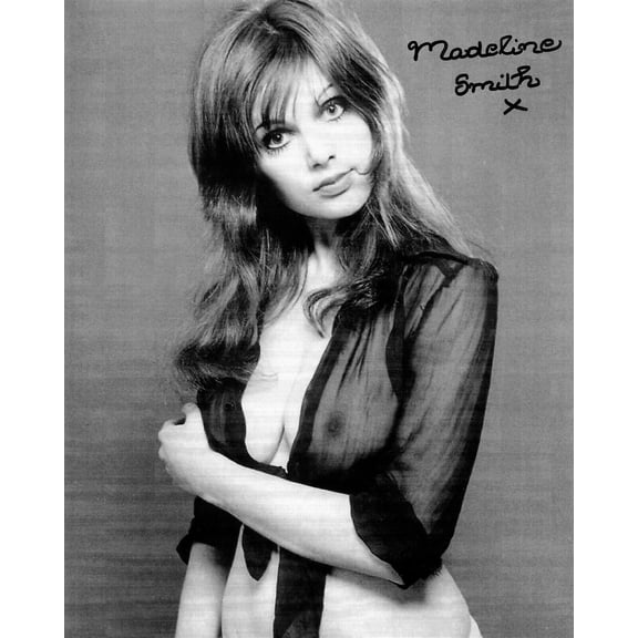 Madeline Smith 1972 in sheer black blouse with facsimilie signature 8x10 photo