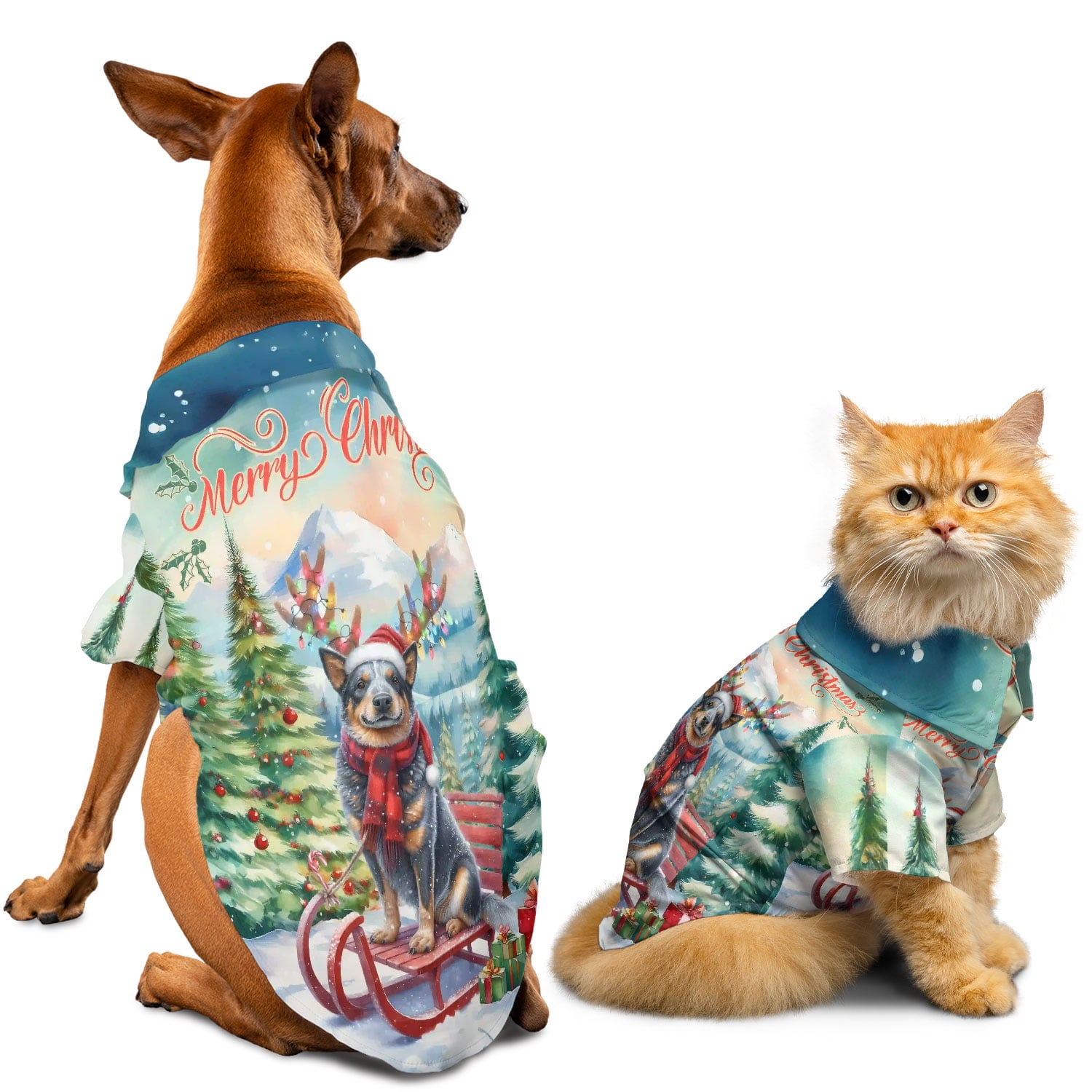 Merry Christmas Santa Reindeer Antlers Australian Cattle Dog Sleigh Xmas Winter Holiday Hawaiian Summer Shirt for Small Medium Large Dog Cat Heeler Lover Gifts - 00023
