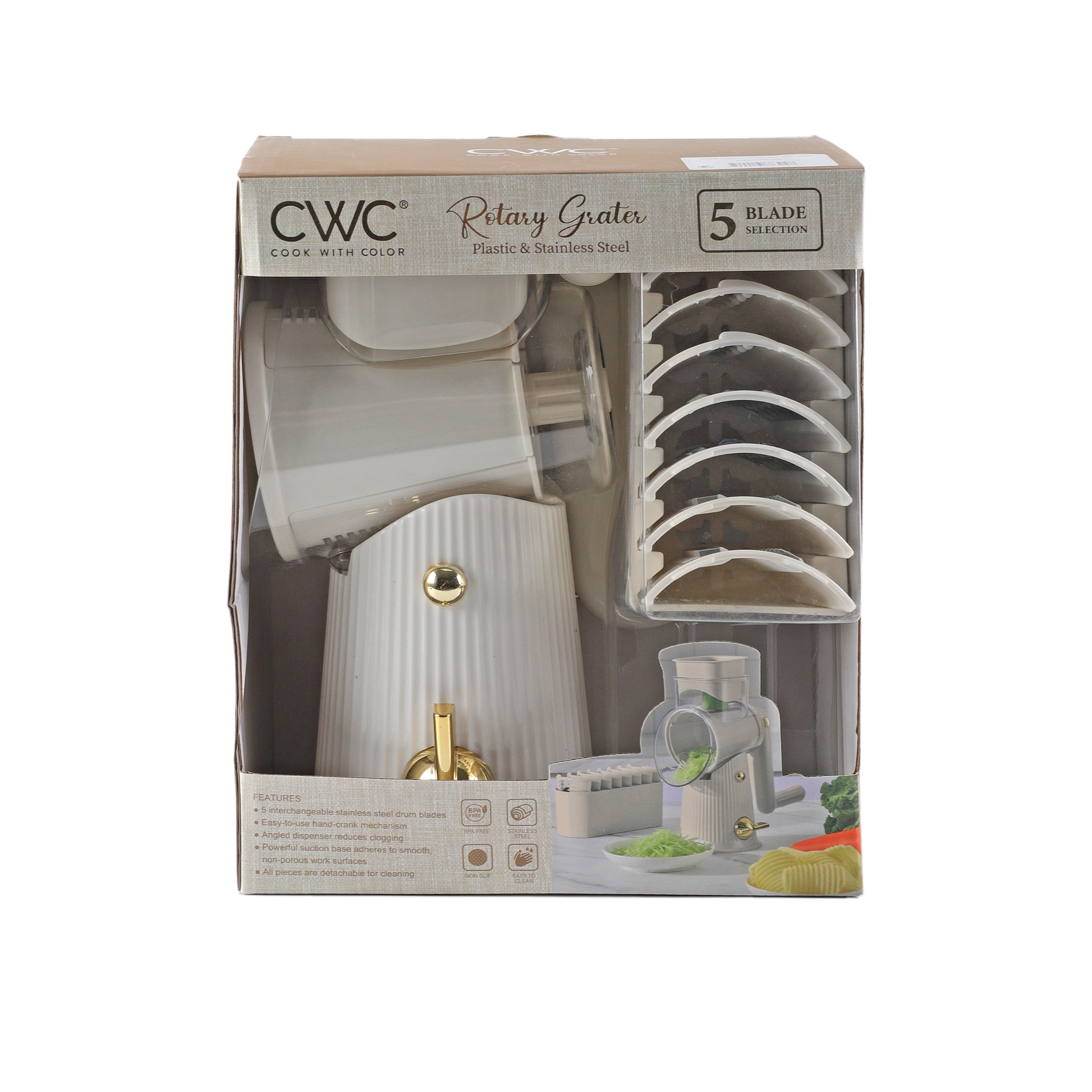 Cook with Color Plastic Rotary Grater with 5 Interchangeable Stainless Steel Blades – Cheese Grater, Mandoline Slicer, & Vegetable Shredder