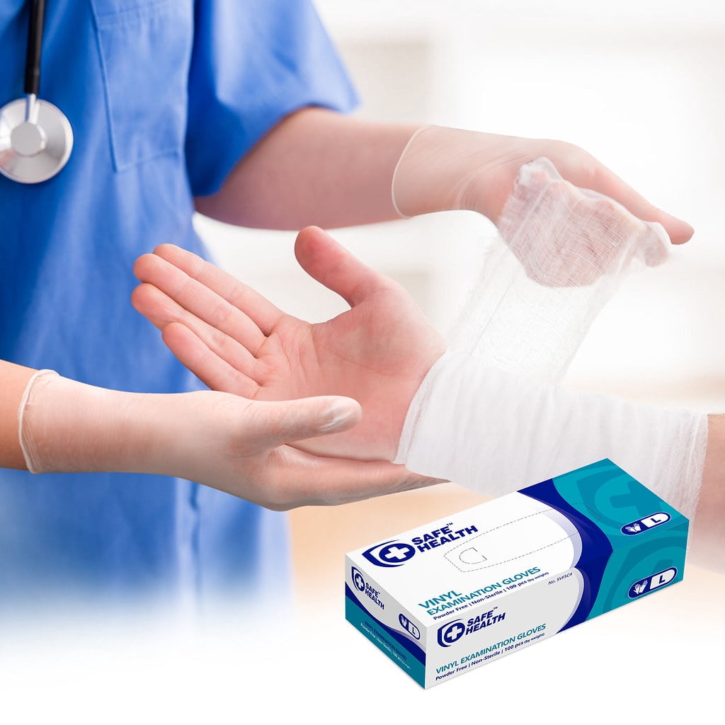SAFEHEALTH Clear Vinyl Exam Gloves, Powder Free, Latex Free,  Medical Grade, Disposable, Nursing-Office-Law Enforcement-Kitchen-Pet Care-Cleaning-Daily Use, Case of 1000, Size L
