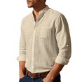 thumbnail image 1 of Camisa de y Algodón para Hombre, de Larga, Sin Cuello, Informal, con Botones, Transpirable, para Playa. Caqui XL, 1 of 6
