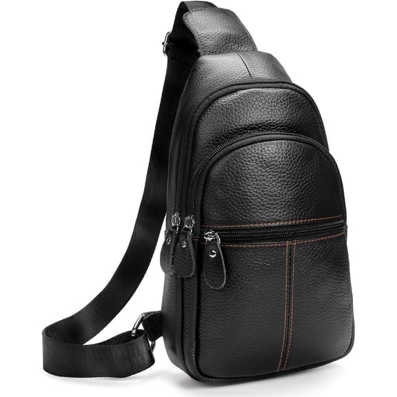 Kwuty Genuine Leather Sling Crossbody Bag,Fashion Chest,Casual Shoulder Bag for Men Women Work Travel Cycling(Black)