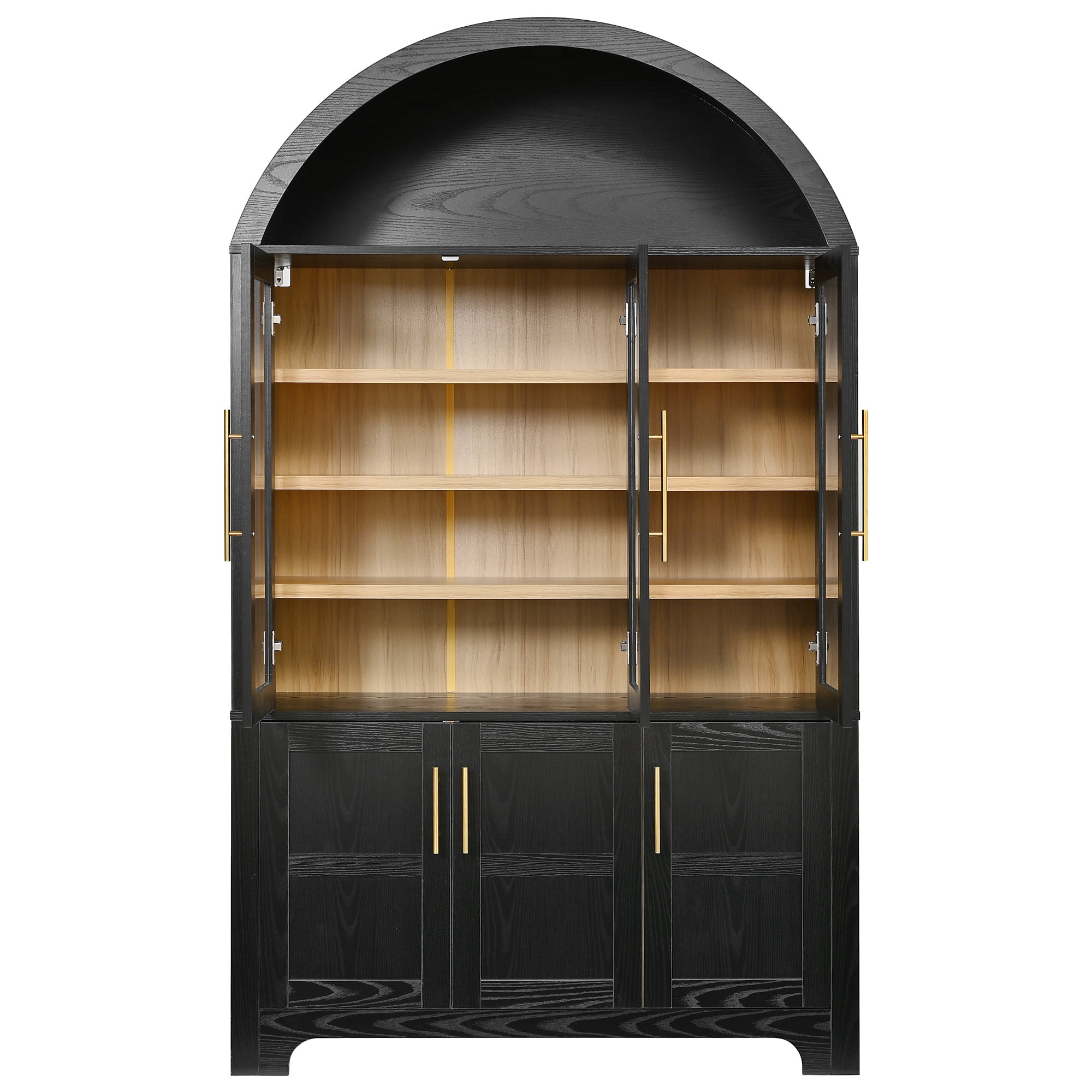 Euroco 73" Tall Arched Kitchen Pantry Cabinet,Farmhouse Wood Kitchen Storage Cabinet with 3 Glass Doors,Door Shelves & Adjustable Shelves,Freestanding Pantry Cupboard for Kitchen Bathroom,Black