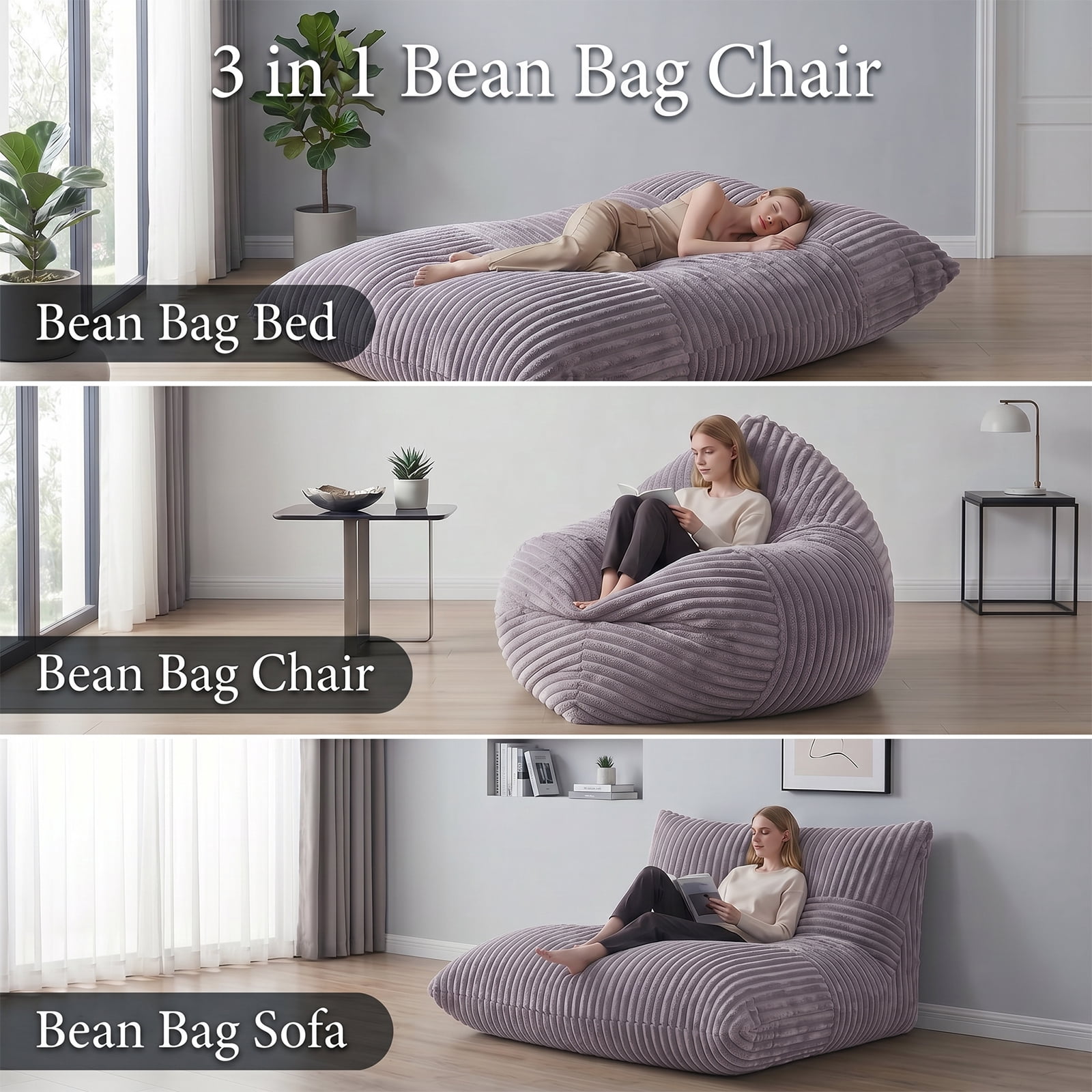 VIREO 3 in 1 Bean Bag Chair Giant Bean Bag Chairs Convertible Bean Bag Floor Cushion with Machine Washable Cover, Beanbag Chairs for Adult (Grey)
