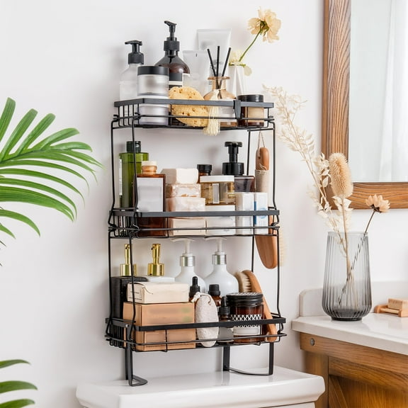 3-Tier Black Over-Toilet Bathroom Storage Shelf, Sturdy Carbon Steel Construction with Anti-Rust Coating, Easy No-Drill Installation