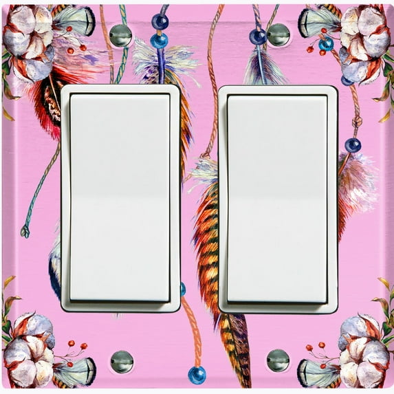 Metal Light Switch Plate Cover Beaded Feather Flower Strings Pink DRM012