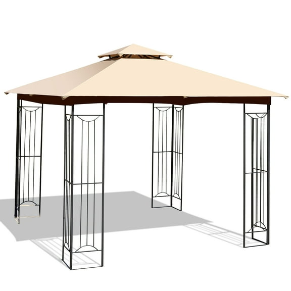 Costway 10' x 10' Patio Canopy Gazebo Outdoor 2-Tier Steel Tent Heavy-Duty L-Shaped Beige