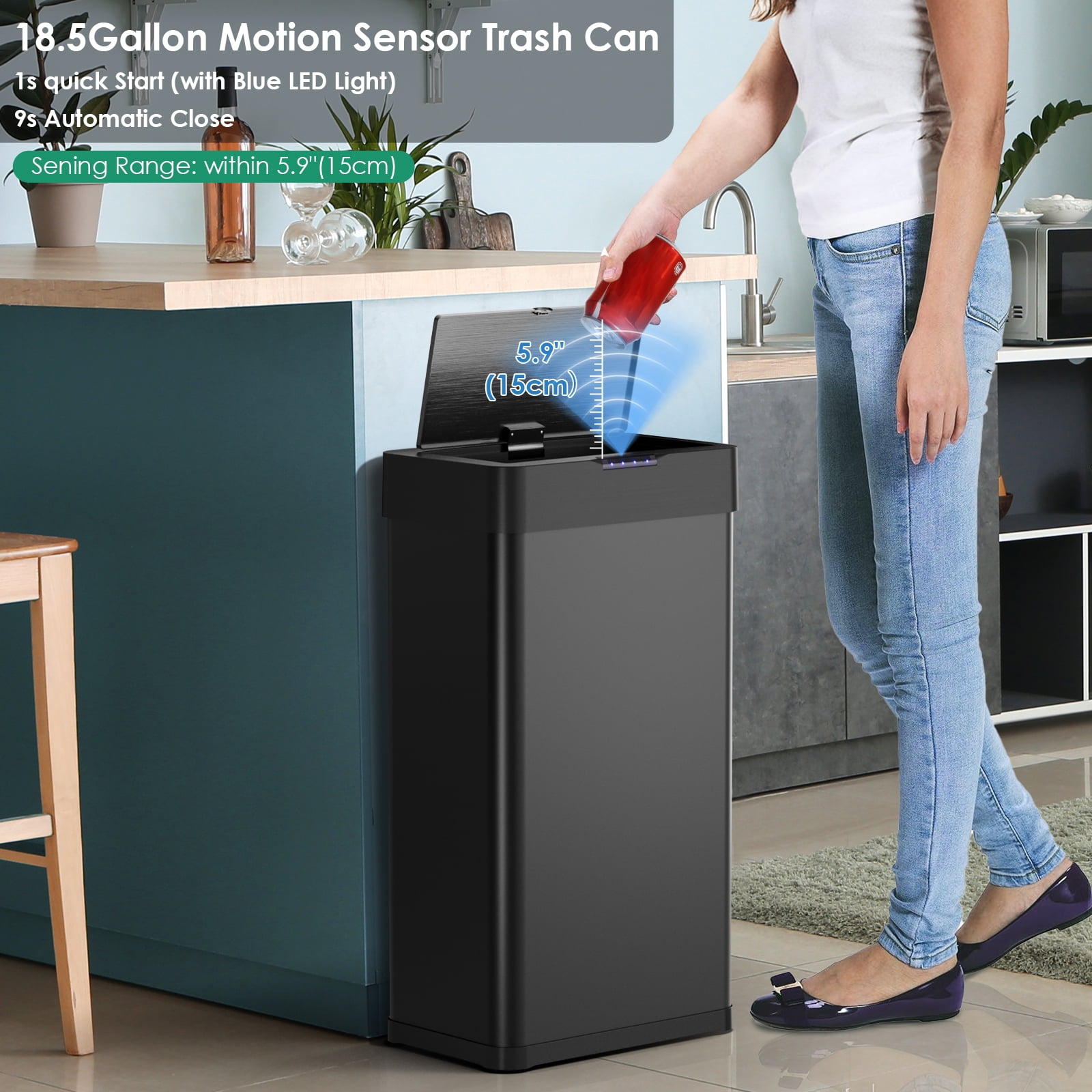 Arlopu 18.5 Gallon Automatic Garbage Can Motion Sensor Touchless Kitchen Trash Can with Soft-Close Lid, Stainless Steel