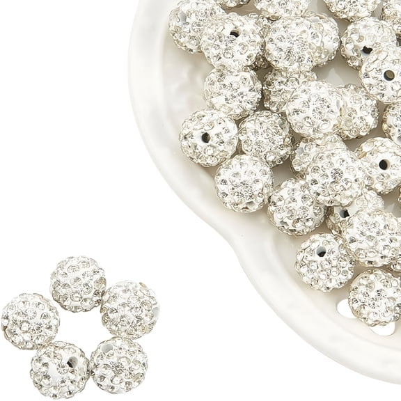 DESIGNICE 100Pcs 10mm White Polymer Clay Pave Rhinestone Beads Crystal Disco Ball Spacer Beads