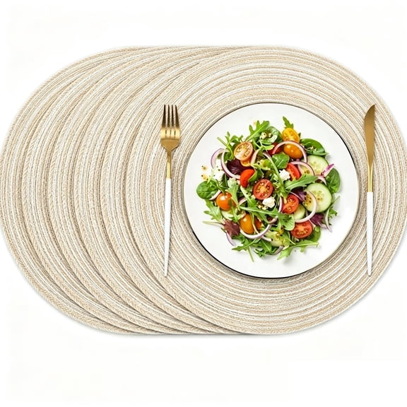 Table Placemats,Round Braided Placemats Set of 6 Non Slip Heat Resistant Cotton Polyester Table Mats Washable Place Mats for Dinner Party Table Decoration (Beige, 11.81 inch)