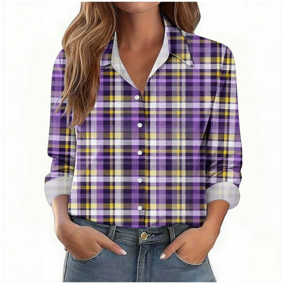 jobturf Button Down Shirts for Women Dressy Casual Collared Plaid Blouses Comfy Loose Basic Tees Fall Spring Fashion Long Sleeve Tops