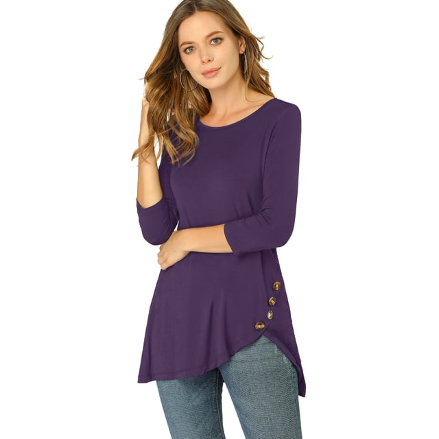 Blusas de túnica elástica casual con cuello redondo y manga 3/4 para mujer Morado Oscuro S