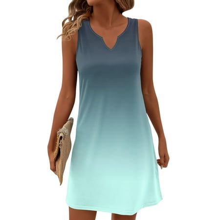 QIJIE Womens Plus Size Summer Dresses V Neck Loose Sleeveless Trendy Tank Dresses Gradient Vacation Sundress Beach Casual Cover Ups Midi Dress Blue L