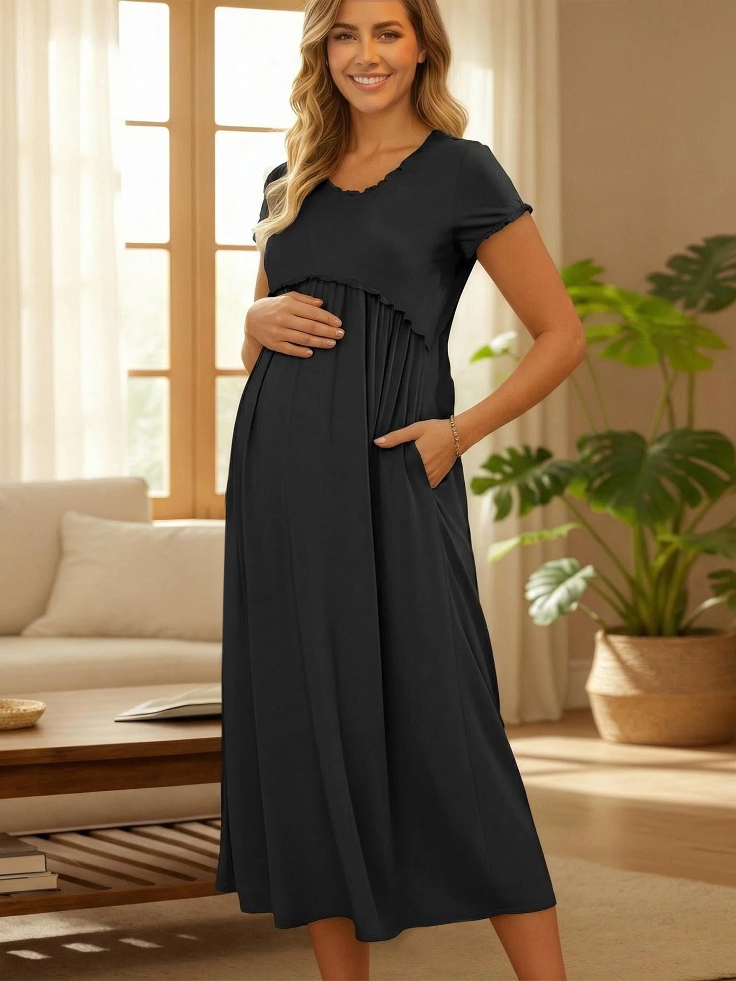 DARING DIVA Women's Maternity Summer Ruffled Pleating Casual Work Maxi Dress M Black
