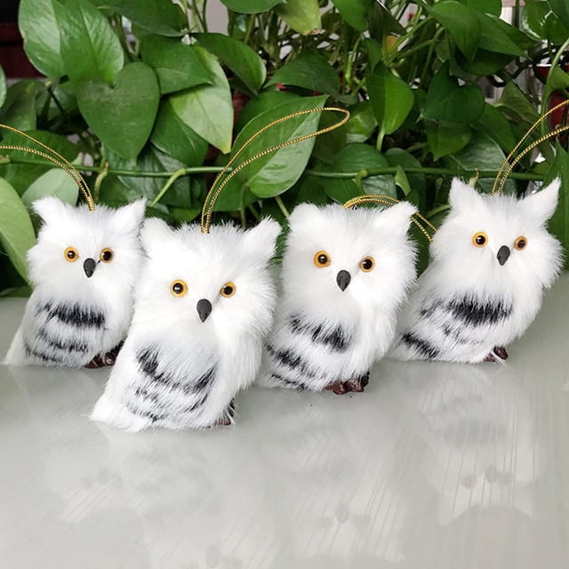 4 piezas de adornos navideños peludos de búho blanco y negro, estilo navideño, lindo búho, modelo de árbol, decoración, búho bebé esponjoso, adorno navideño