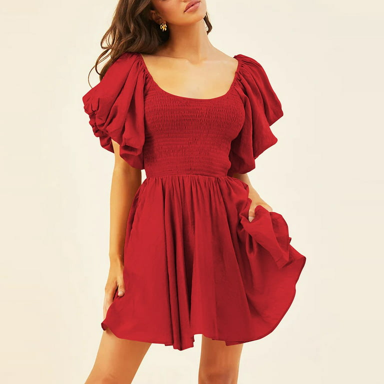 ALSLIAO Womens Summer Square Neck Sleeve Dress Off Shoulder Ruffle A-Line  Puffy Short Red L 