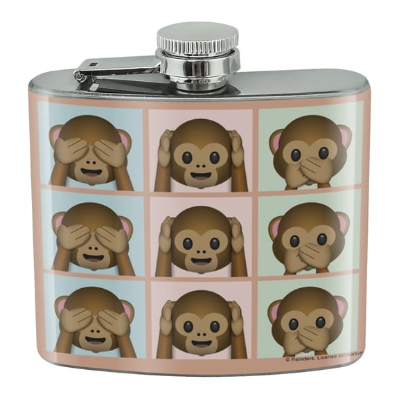 See Hear Speak No Evil Monkeys Chimps Stainless Steel 5oz Hip Drink Kidney Flask