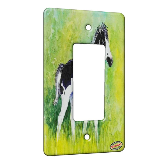 KuzmarK™ 1 Gang Rocker Wall Plate - Black Pinto Shetland Pony Foal in Summer Horse Art by Denise Every