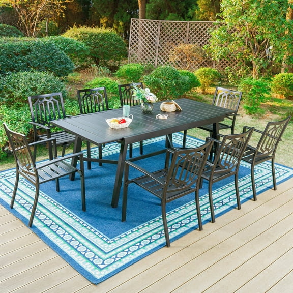 Summit Living 9-Piece Outdoor Dining Set with Extendable Table for 8-Person, All-Weather Metal Furniture, Black