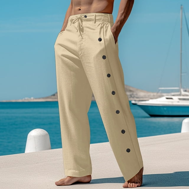 Pantalones largos para hombre, de algodón y lino, con cintura elástica, transpirables, cómodos y suaves, para playa, informales.