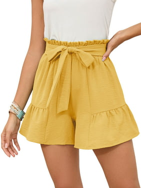Chiclily Summer Solid Color Shorts for Womens Casual Loose Elastic Waist Lounge Shorts, US Size Medium, Yellow