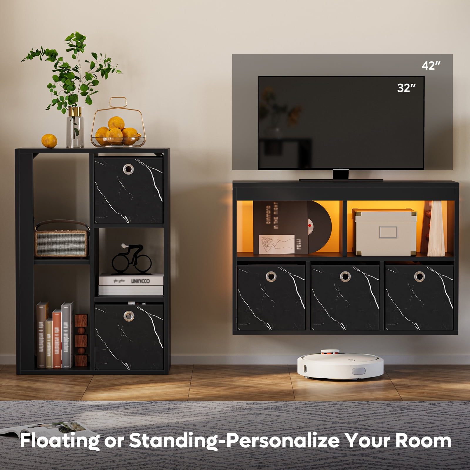 Pinmoco 5-Cube Kid's Bookshelf LED Toy Storage Organizer with Three Marbled Fabric Drawers for Playroom Storage, Black