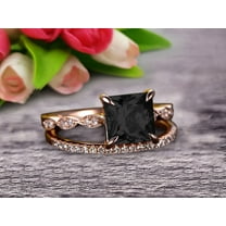 2.25 Carat Princess Cut Black Diamond Moissanite 10k Rose Gold Wedding Set Engagement Ring Art Deco Stacking Matching Wedding Band