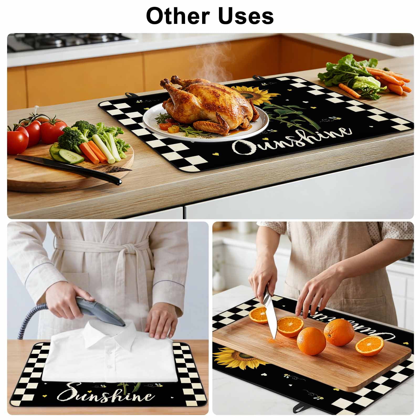 Sunflower Vingra Stove Top Cover for Electric Stove, Heat-proof & Non Slip Glass Top Stove Cover Protector, Farmhouse Garden Floral Bees Plaid Kitchen Flat Cooktop Rubber Mat 24x21 Inches