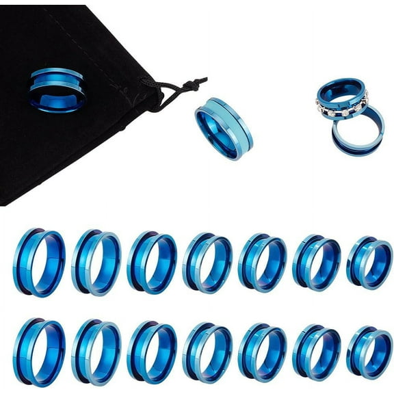 14Pcs 7 Sizes Ring Blanks Titanium Steel Grooved Finger Rings Set Blue Core Inlay Ring for Resin Empty Unisex Rings for DIY Jewelry Making Real Platinum Plated