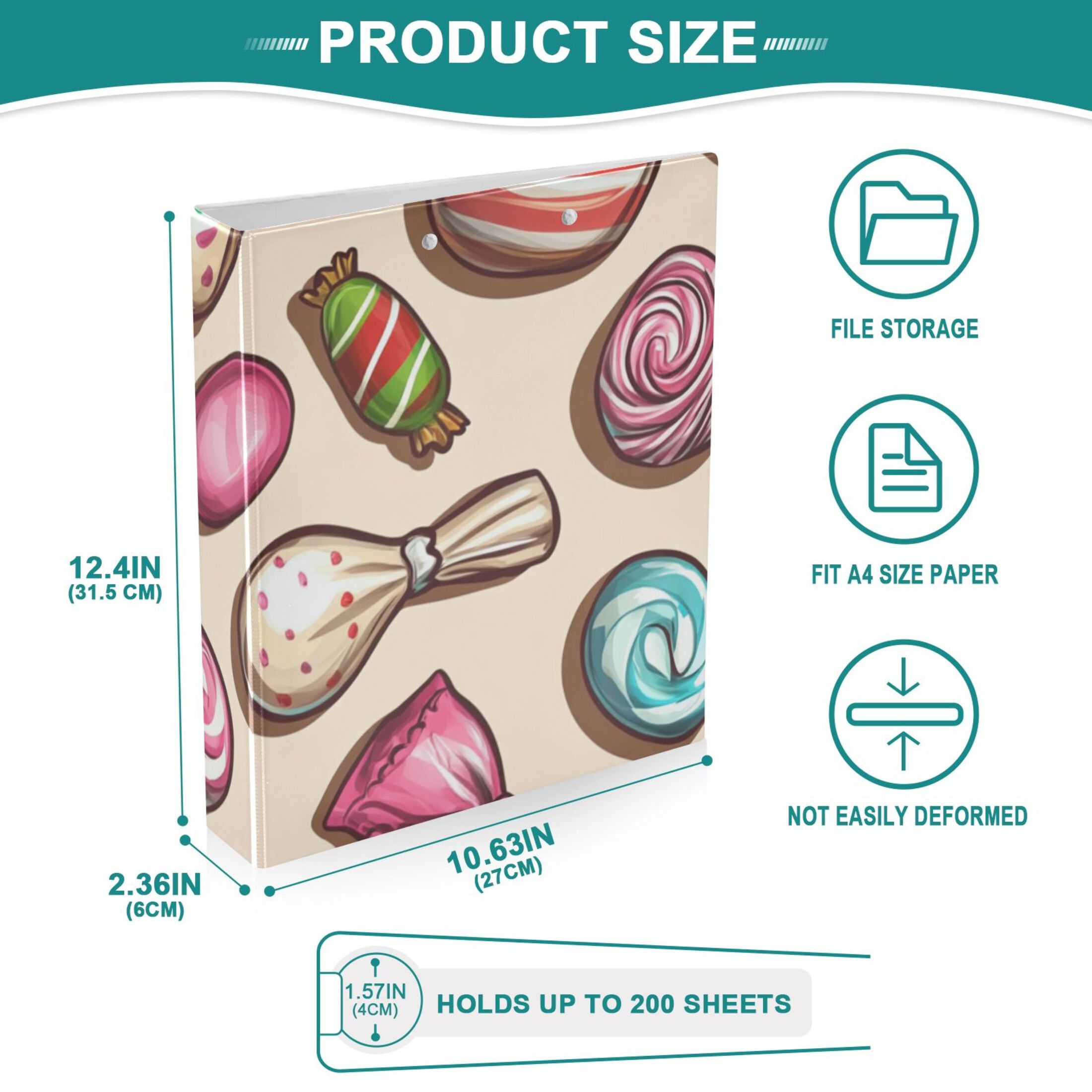Candies 3 Ring Binders 1.5 inch Hardcover File Folders with Interior Pockets A4 Size Organizer for School Office Hospital