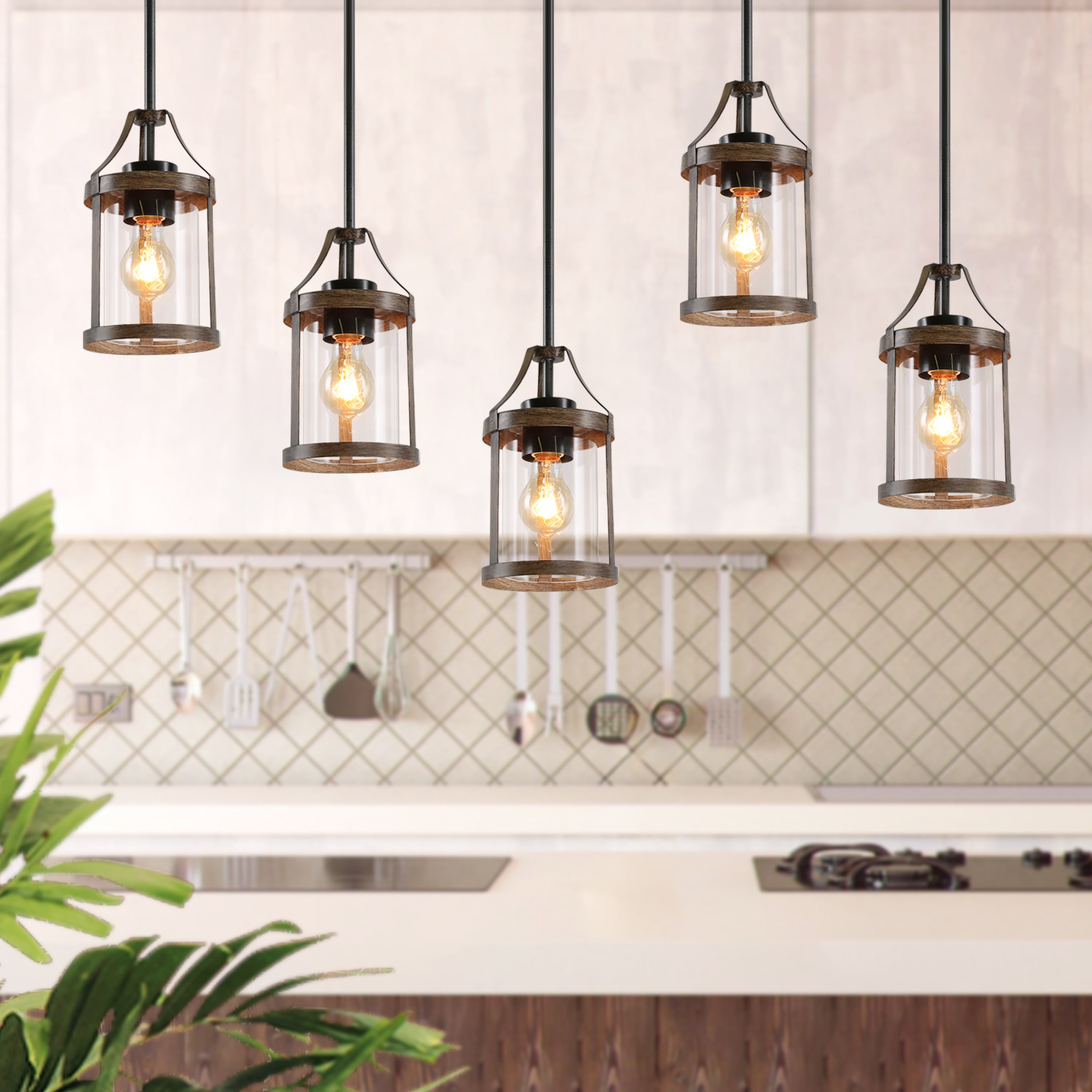 LNC 6-in Farmhouse Wood Lantern Mini Pendant with Clear Glass for Kitchen Island & Entry