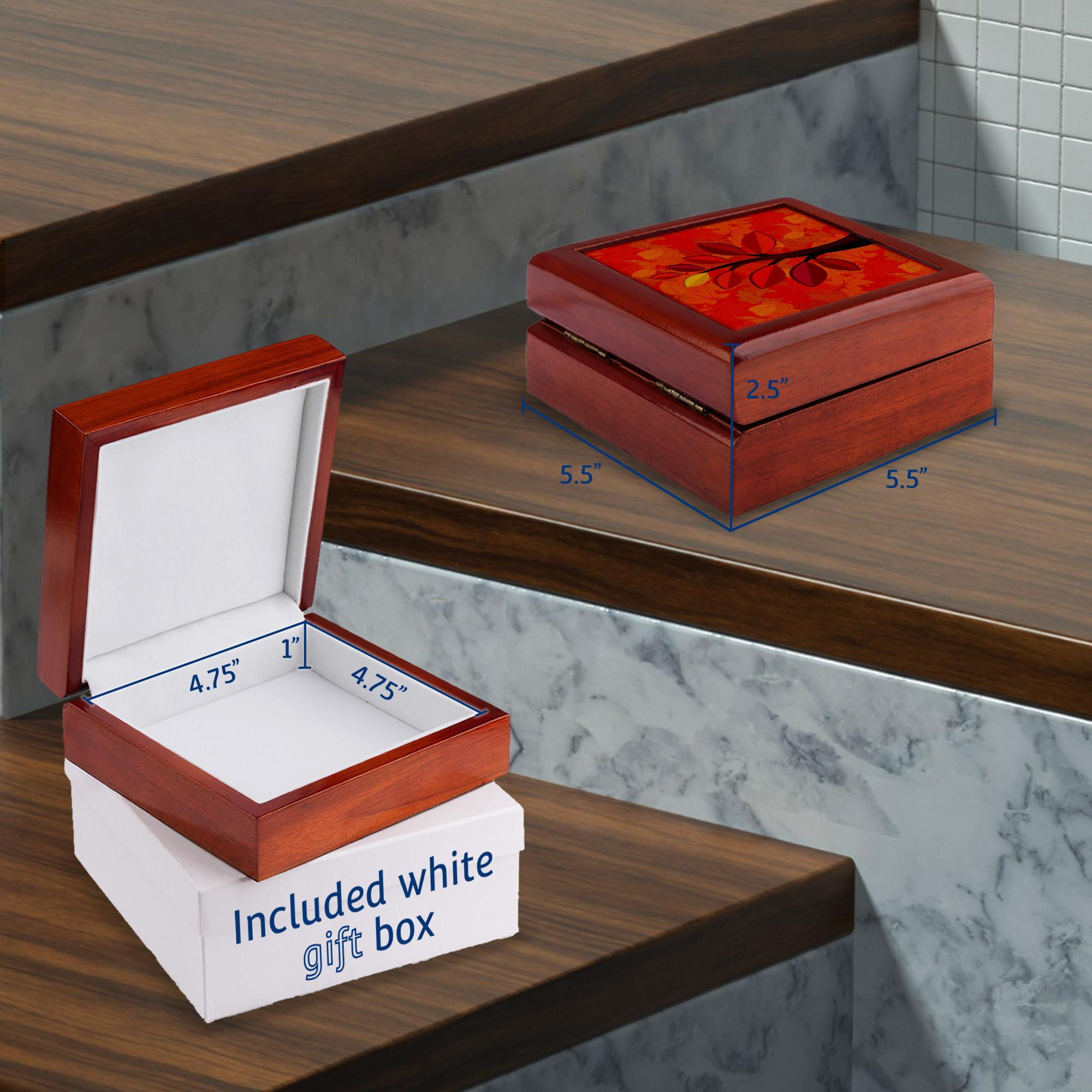 3dRose, Autumn Leaf Background in Orange Golds and Reds with Fall Tree, Jewelry Box 5.5x5.5 inch with 4 inch tile