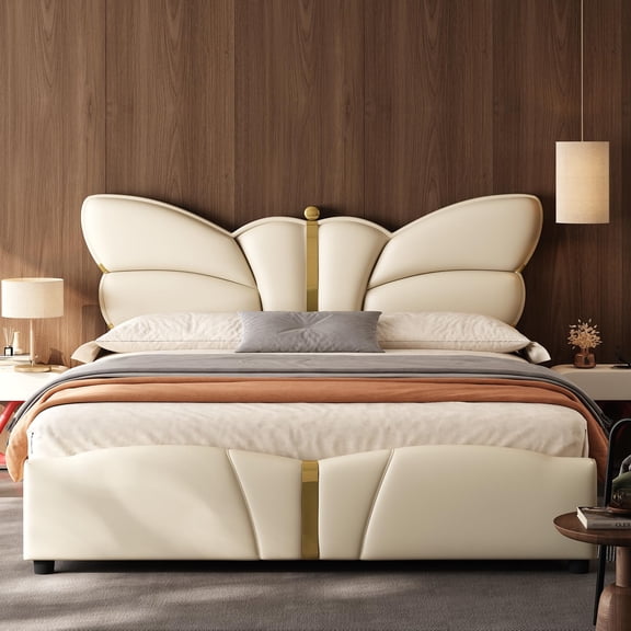 Queen Size Upholstered PU Leather Bed Frame with Butterfly HeadboardandFootboard, Modern Platform Bed with Gold Metal Accents, W