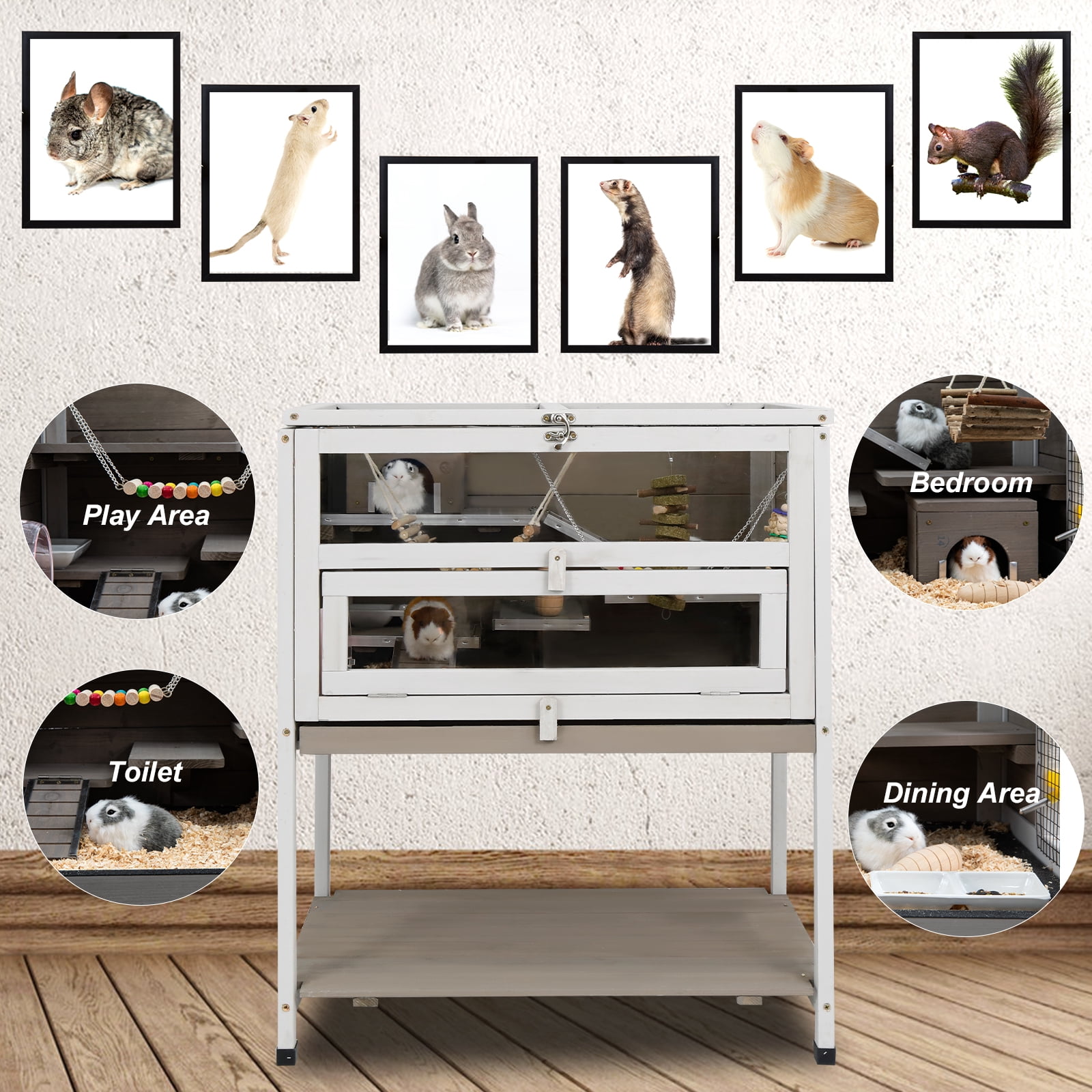 PETSCOSSET 3-Tier Wooden Hamster Cage with Storage Shelf Indoor Outdoor Large Guinea Pig Cage House and Habitat
