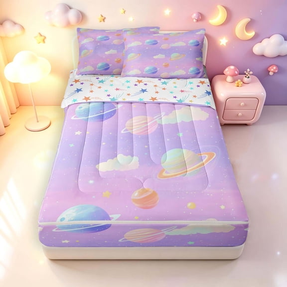 Manfei Kawaii Ringed Planets Zipper Twin Comforter Sets with Fitted Sheet and 2 Pillowcases,Cute Clouds Zipper Bedding Set,Pink Purple,Colorful Stars Reversible,4pcs