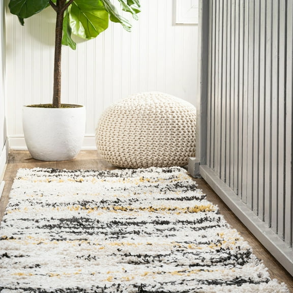 JONATHAN Y LONDON SHAG 2 x 8 Runner Rug, Nova Bold Strie - Beige/Black/Yellow, SHG102A-28