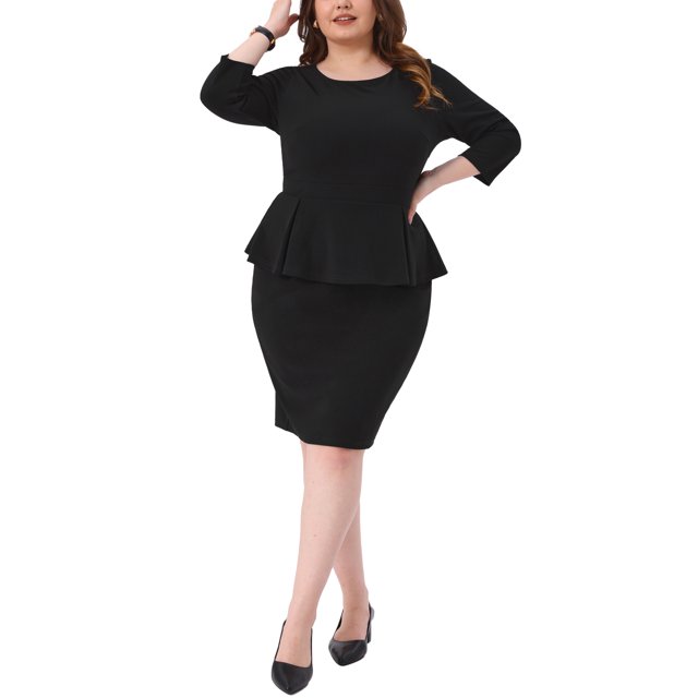 Agnes Orinda Robe Crayon Peplum Grande Taille pour Femmes Col Rond Manches 3/4 Évasée Fourreau Bureau Affaires Robes 1X Noir