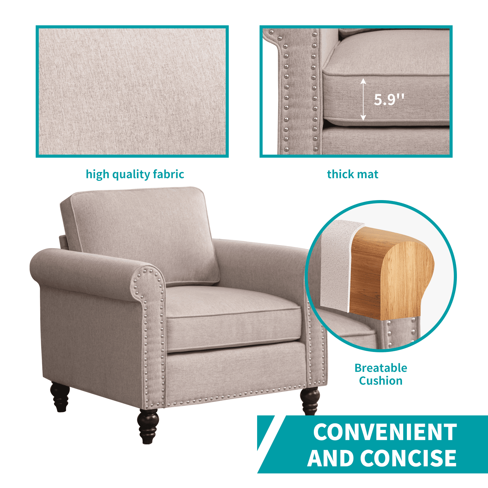 MUZZ Living Room Furniture Sets with 5.9"Upholstered Cushion, 3-Seater Sofa Couch, Loveseat and Single Sofa Chair, Sofa Set for Living Room(Beige)